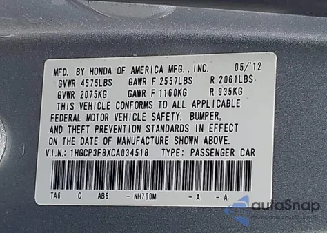 2012 Honda Accord 3.5 Ex-L z USA, uszkodzony, nr VIN 1HGCP3F8XCA034518